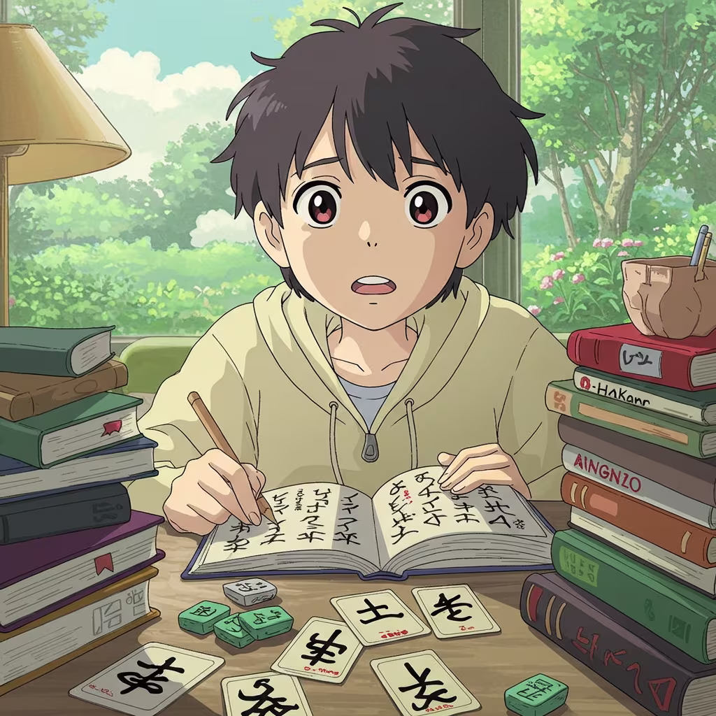 일본어 공부에 어려움을 느끼는 모습